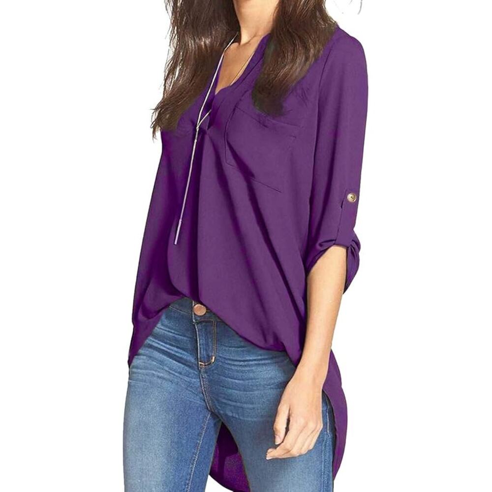Women's Purple Chiffon Blouse Long Sleeve Tunic Shirt  Size Large 🍇💫💜
